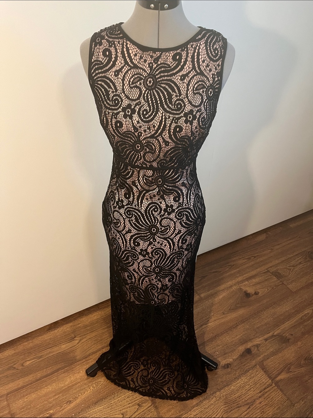 Enfocus Studio Black Lace Overlay with Nude Lining Dress